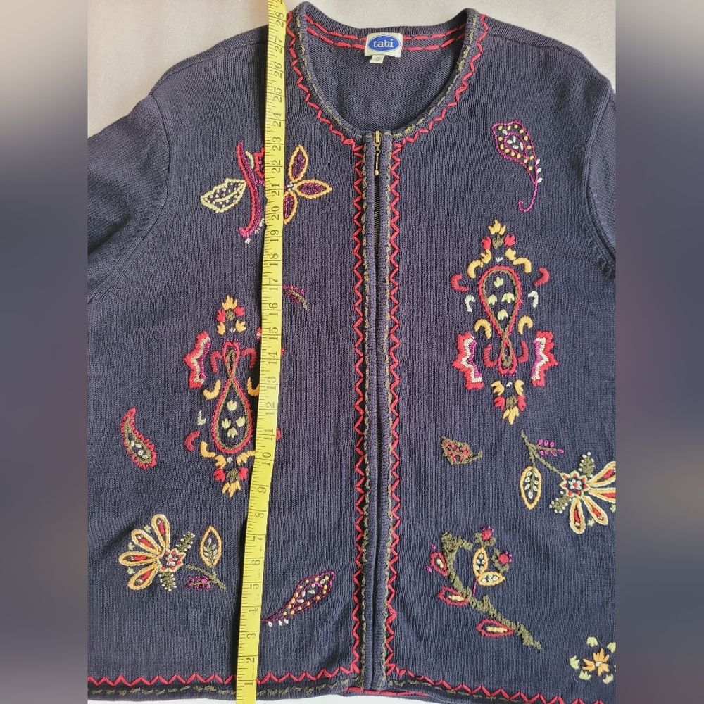 90s Boho Floral Embroidered Cardigan Navy Blue XL 12-14 - Picture 13 of 16